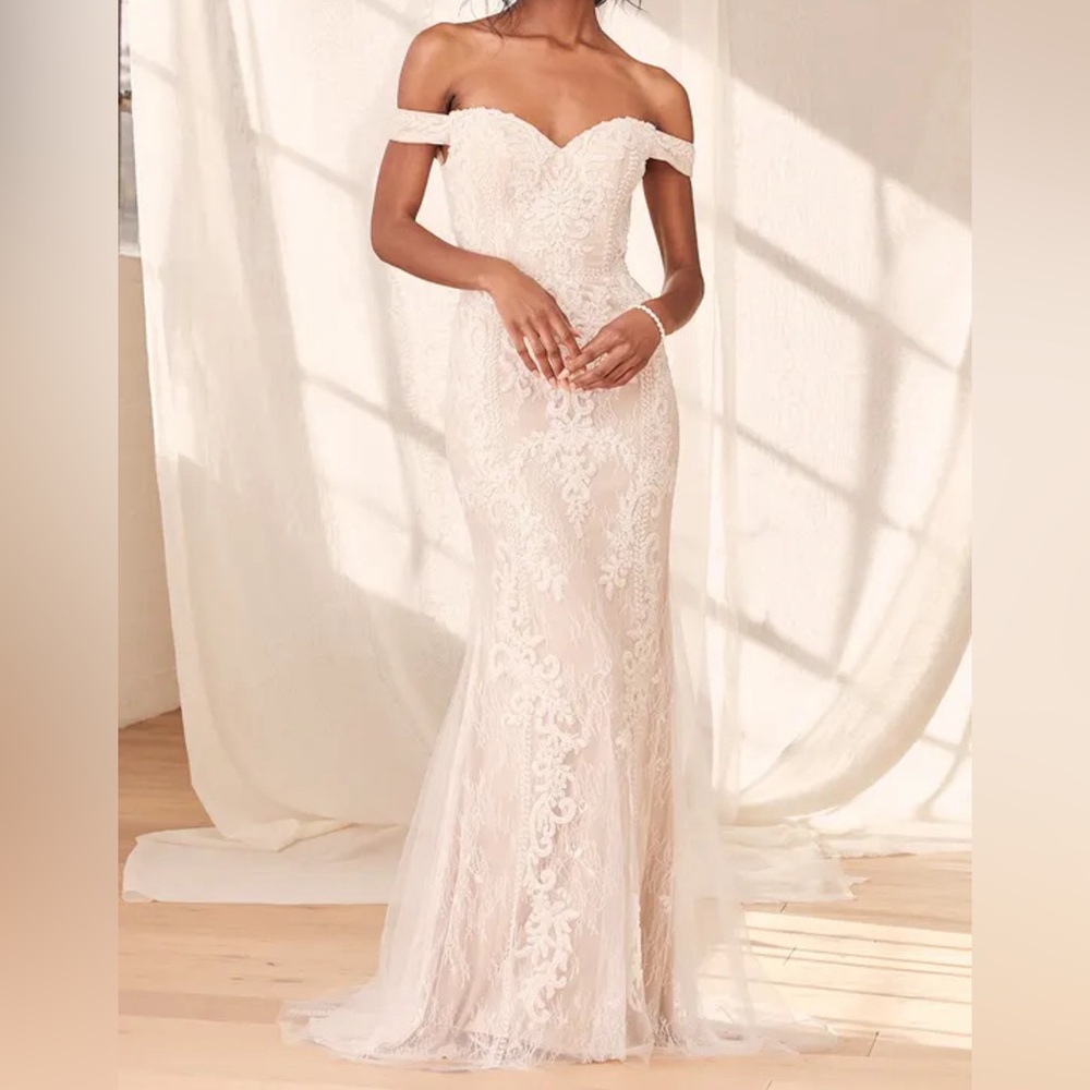 NWT Lulus Promised Love White Beaded Lace Off-the-Shoulder Maxi Dress